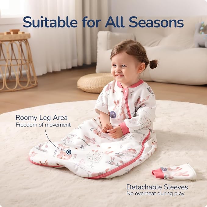 Baby Sleep Sack 18-24 Months, Cotton Detachable Long Sleeve Sleep Sack, 2.5 Tog Toddler Sleeping Sack with Temperature Strips, 2-Way Zipper Wearable Blankets for Newborns, Bunny