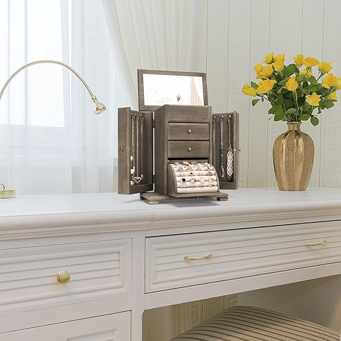 Jewelry Box for Women, Rustic Wooden Jewelry Boxes & Organizers with Mirror, 4 Layer Jewelry Organizer Box Display for Rings Earrings Necklaces Bracelets (Weathered Gray)