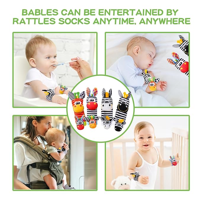 Baby Toys 0-6 Months,High Contrast Baby Toys for Newborn, 8 Pcs, Animal Wrist & Foot Rattles Socks Set, Sensory Rattle Toys for 0-12 Months, Babies Boy Girl Gifts