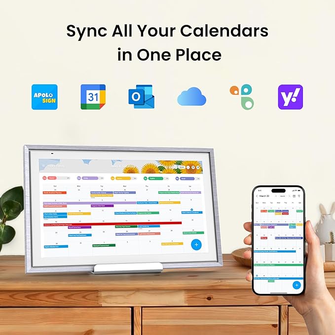 ApoloSign 15.6-inch Digital Calendar: Dual Mode Calendar with Google Play & Multi-calendar Sync, Electronic Planner & Chore Chart, Smart Touchscreen, Interactive Display for Family Schedules (Gray Wood, 15.6")