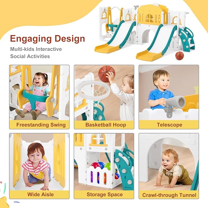 JOYLDIAS 10 in 1 Toddler Slide, Double Kid Climber Slide Playset w/Swing, Basketball Hoop, Telescope, Tunnel, Storage Space and Non-Slip Steps, Indoor Outdoor Backyard Playground Toy for Toddlers