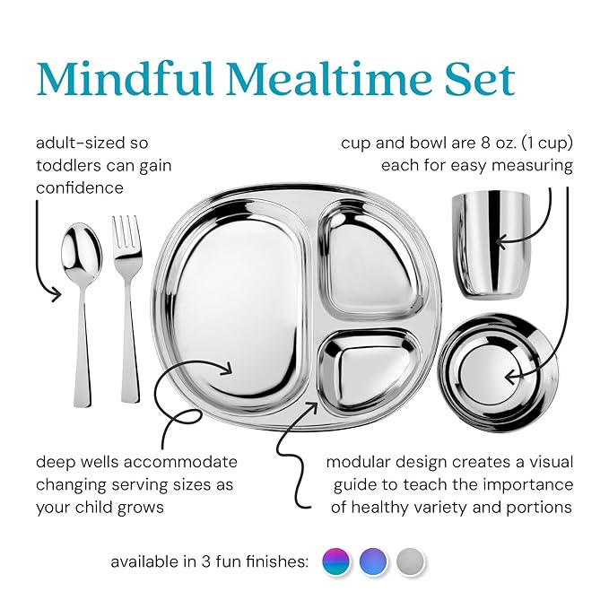 Ahimsa Stainless Steel Kids Dinnerware Set - 5 Piece Toddler Plates and Bowls Set, Pediatrician Designed, Includes Non Toxic Toddler Plate and Bowl, Kids Utensils and Cup (Classic Stainless Steel)