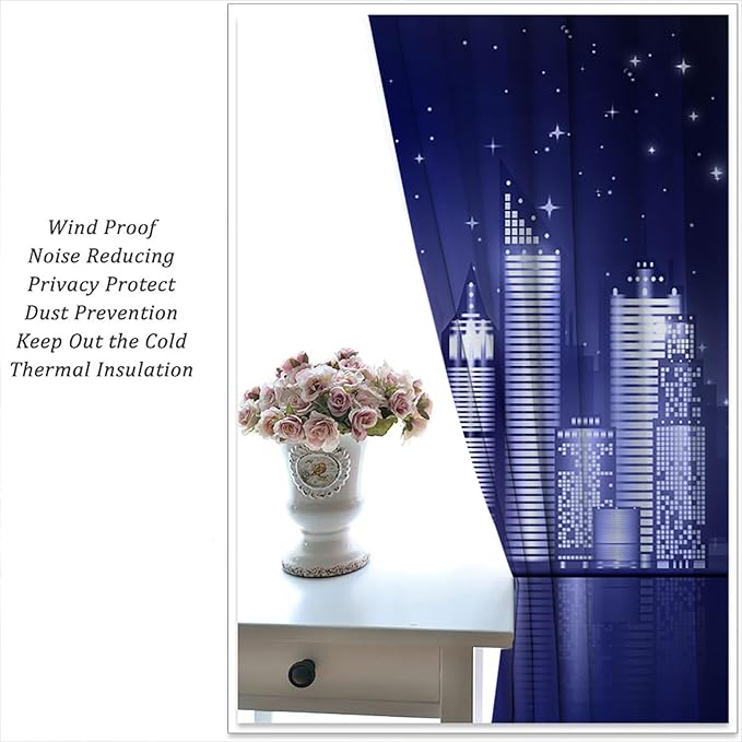 City Rod Pocket Blackout Curtains for Boy Girl Bedroom, New York Skyline Modern City Starry Sky Night View Home Energy Efficient Light Filtering Window Curtain for Living Room, 42x63 inch