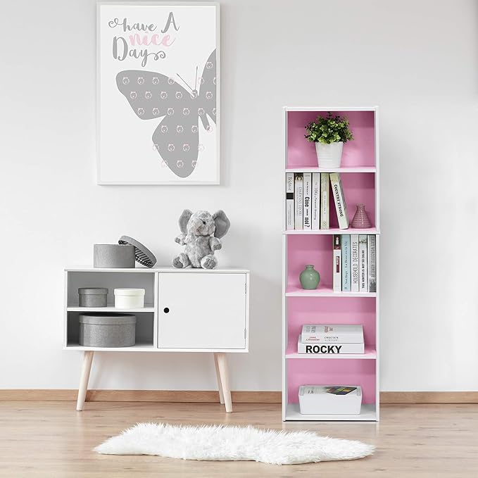 Furinno 5-Tier Reversible Color Open Shelf Bookcase , White/Pink 11055WH/PI