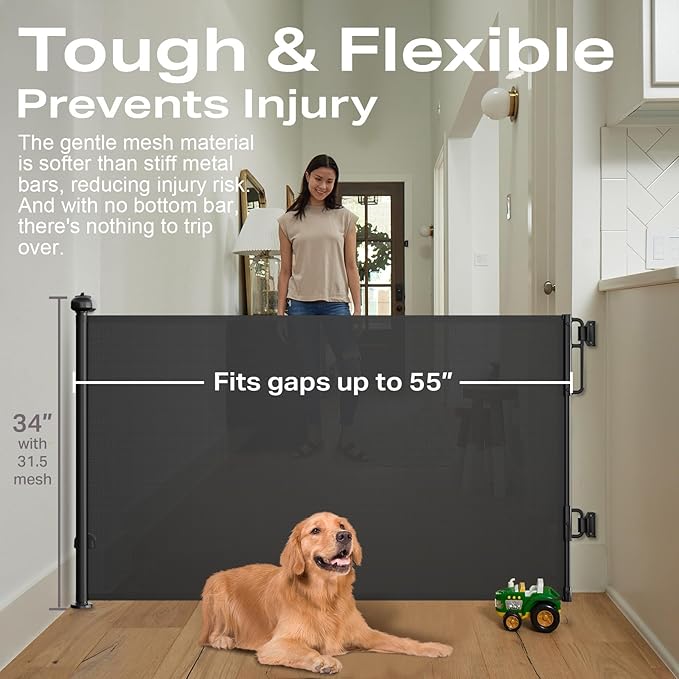 Cumbor Retractable Baby Gates for Stairs, Mom Choice Award Winner-55 Wide Mesh Dog Gate for Doorways, 34" Tall Easy to Use Pet Fence for The House, Toddler Safety Essentials Indoor&Outdoor, Black