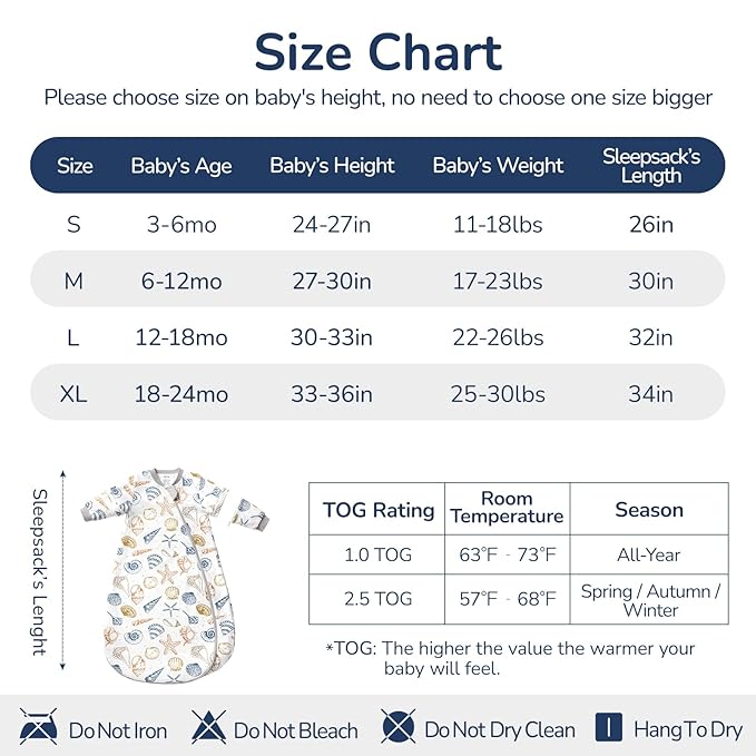 Baby Sleep Sack 18-24 Months, Cotton Detachable Long Sleeve Sleep Sack, 2.5 Tog Toddler Sleeping Sack with Temperature Strips, 2-Way Zipper Wearable Blankets for Newborns, Ocean