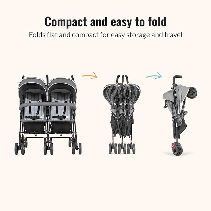 Dream On Me Volgo Twin Umbrella Stroller in Gray, Lightweight Double Stroller for Infant & Toddler, Compact Easy Fold, Large Storage Basket, Large and Adjustable Canopy