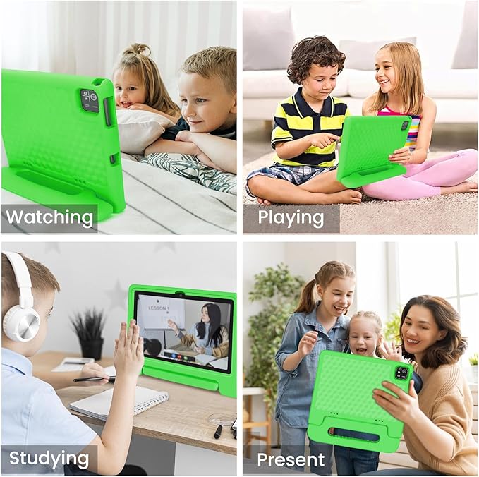 Kids Tablet 10.1 inch Android 14 Octa-Core 64GB 6000mAh Kids Space Parental Control 1280 * 800 HD Touchscreen Shockproof Case Dual Camera Gift for Toddler Children (Green)