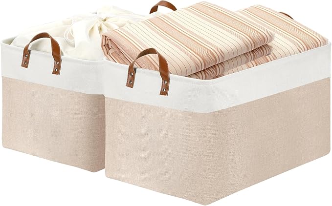 DULLEMELO Extra Large Baskets for Organizing, 22" X 15" X 13" Rectangle Fabric Storage Bins, Foldable Blanket Basket Living Room, Large Kids Toy Storage Organizer Bins, Baby Basket Gift (White&Khaki)