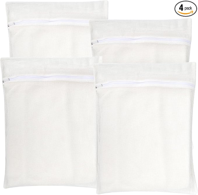 4-Piece White Large Durable Organic Cotton Mesh Laundry Bags with Sturdy Zippers and Breathable Mesh are Delicate Laundry Bags for Underwear, Clothes, Pants and Socks