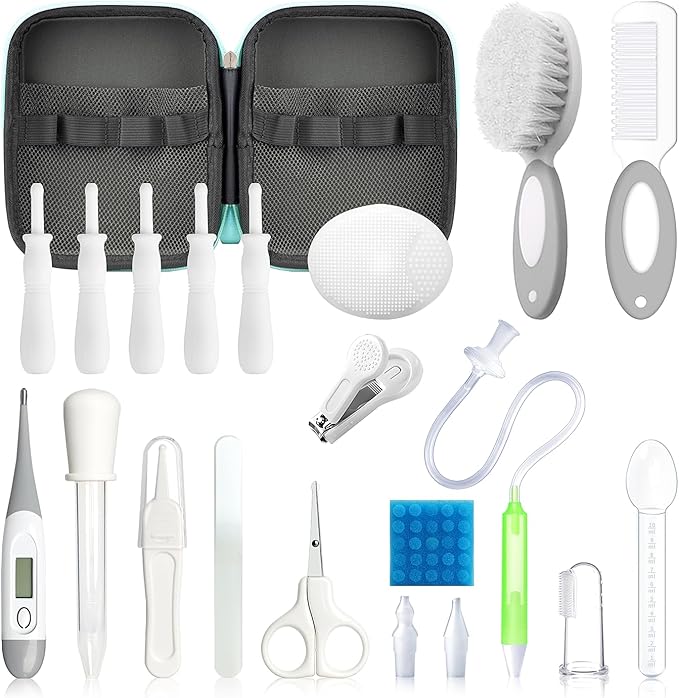 Baby Healthcare and Grooming Kit, 21 in 1 Portable Baby Essentials Kit with Gas Relief Hair Brush Comb Nasal Aspirator for Newborn Boys Girls (Grey White)