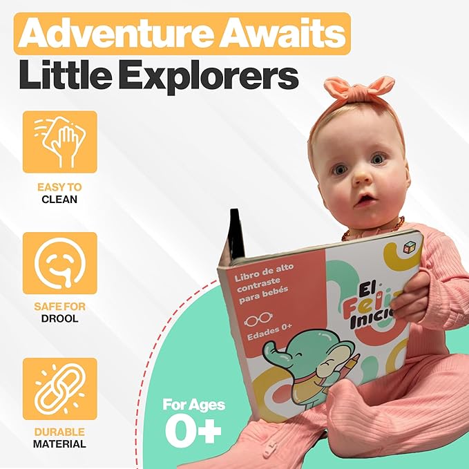 Happy Start Award-Winning High Contrast Board Book - Newborn Black & White Baby Cards, Easy to Clean, Hospital Approved, Stands on Its Own, Tummy Time Toy, Ages 0+ (Spanish)