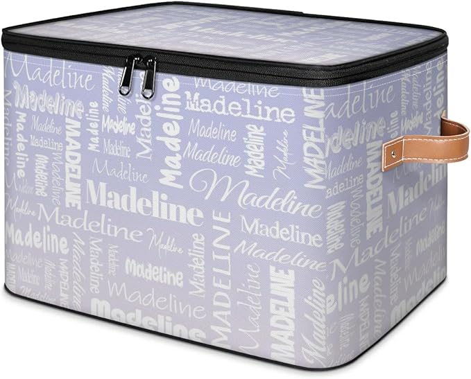 Custom Storage Basket with Name, Personalized Storage Bins with Zipper Lid, Foldable Fabric Storage Box Large capacity with Handle Purple White