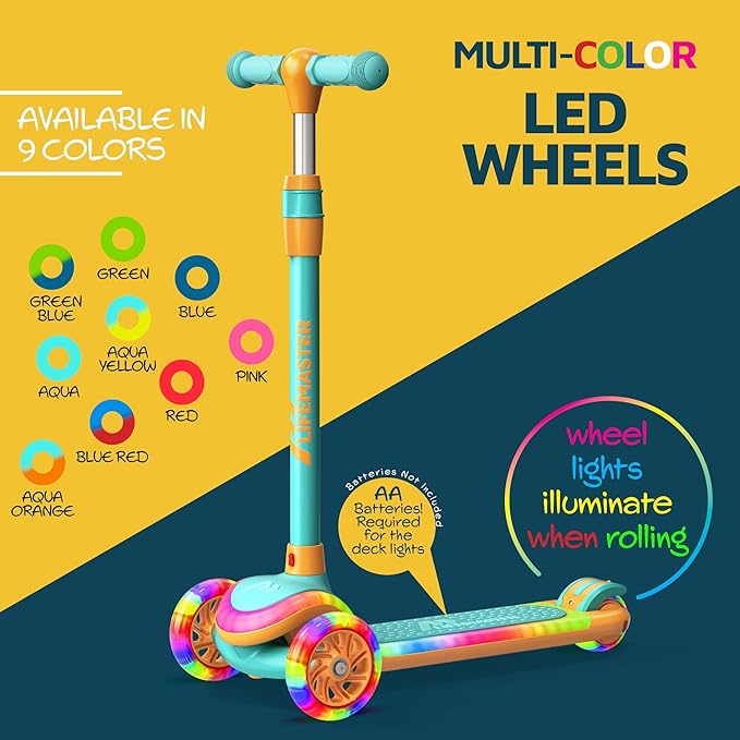 3-Wheel Kids Scooter with Multi-Color Lights on Deck & Wheels – 5-Height Adjustable Handlebar, Wide Anti-Slip Deck, Child Safety Certified, Boys & Girls Ages 3+ Supports Up to 150 lbs