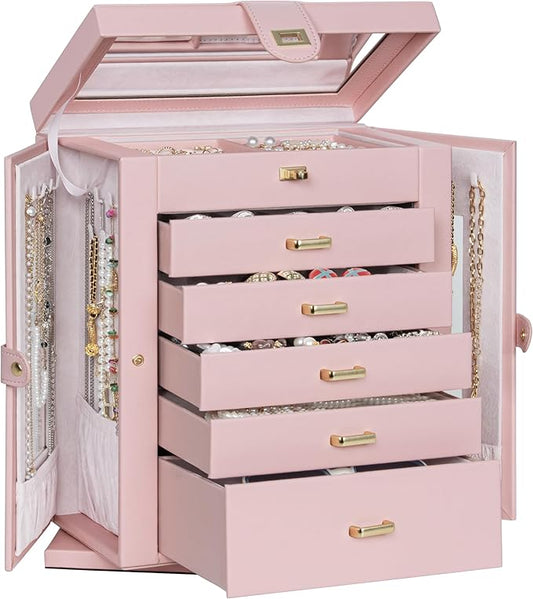 AKOZLIN 360° Rotating Jewelry Box 6-Tier Organizer Functional Jewelry Storage Case for Women Girls Ring Necklace Earring Bracelet Holder with Mirror Pink