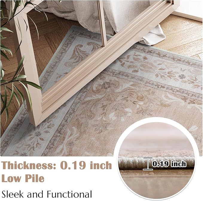 jinchan Vintage Floral Runner Rug 2x5 - Machine Washable Distressed Design Non-Slip Low-Pile Soft Thin Carpet for Hallway Kitchen Farmhouse Bedroom Entryway Laundry Room (2x5ft,Coral Pink)