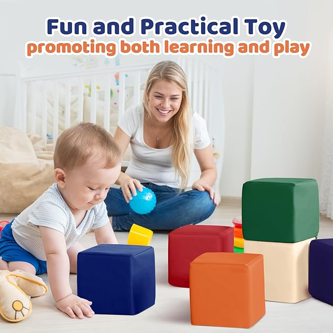 Foam Building Toys for Toddlers: 6Pcs Waterproof PU Leather Soft Foam Blocks - Colorful Large Stacking Blocks - Early Learning Construction Play Set for Kids Indoor Birthday Gift Preschool (Rainbow)