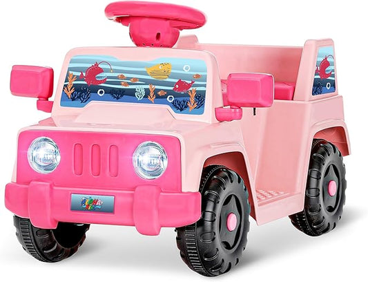 6V Toddler Ride On Car Interactive Electric Car with Horn LED Front Light Rear Storage Ocean Theme Perfect for Boys & Girls 18+ Months Safe Fun and Exciting for Little Explorers(Pink Ocean)