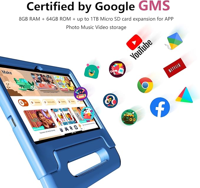 Kids Tablet 8GB+64GB, 10 Inch Android 14 Tablet for Kids 6000mAh with Case, WiFi 6, Bth 5.2, Dual Camera, GPS Pre-Installed Parental Controls, Kids Space & Family Link Great Gift for Toddler Children