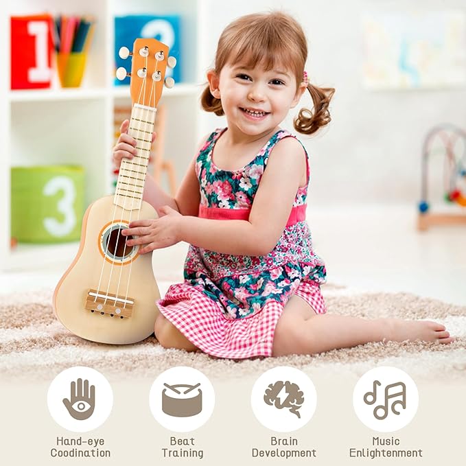 Kids Guitar Set - 7 in 1 Musical Instruments for Toddlers 2-4, Wooden Musical Toys for 2 3 4 Year Old Boy & Girls Birthday Gifts, Band Sets with Ukulele/Flute/Tambourine/Maracas Toys for Kids 3-5