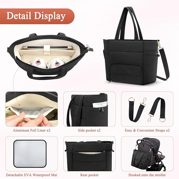 Diaper Bag Tote for Working Mom, Breastmilk Cooler Bag with Insulated Compartment, Breast Pump Tote Bag with Ice Pack for Cooler & 15‘’ Laptop Sleeve, Baby Bottle Cooler bag for Nursing, Work, Travel