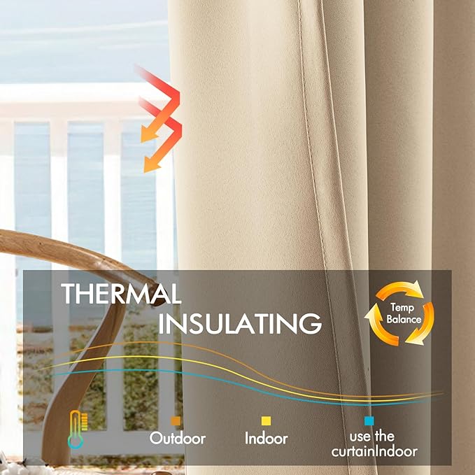 ANRODUO Back Tab Blackout Curtains for Bedroom Living Room, Rod Pocket Pinch Pleated Thermal Insulated Room Darkening Curtains 63 Inches Long 2 Panels, Beige, 42 x 63 Inch