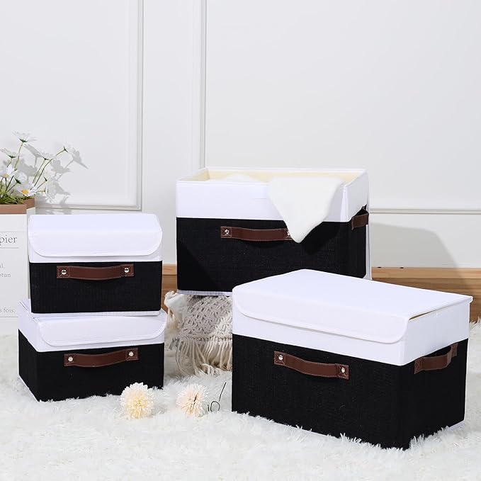 ANMINY Storage Boxes with Lids Washable Decorative Storage Bins Basket with PU Leather Handle Foldable Linen Fabric Storage Cubes Containers for Home Closet Organizer - Black White, Large Size