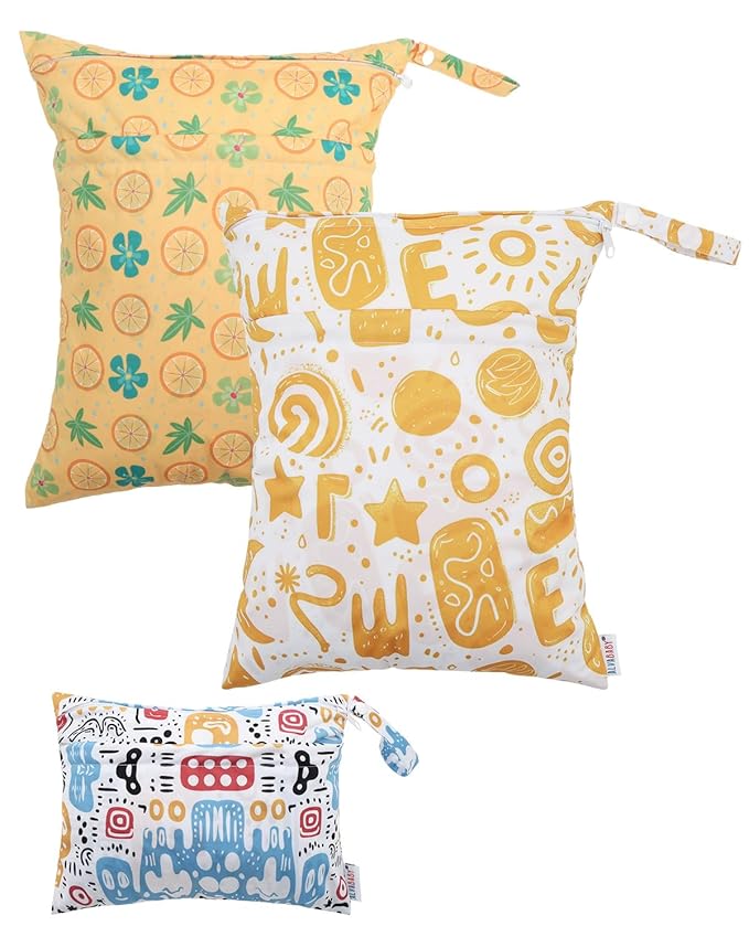 ALVABABY 3 Cloth Diaper Wet Dry Bags Waterproof Reusable with Two Zippered Pockets Travel Beach Pool Daycare Soiled Baby Items Yoga Gym Bag for Swimsuits or Wet Clothes Small medium Large 3L-SML05