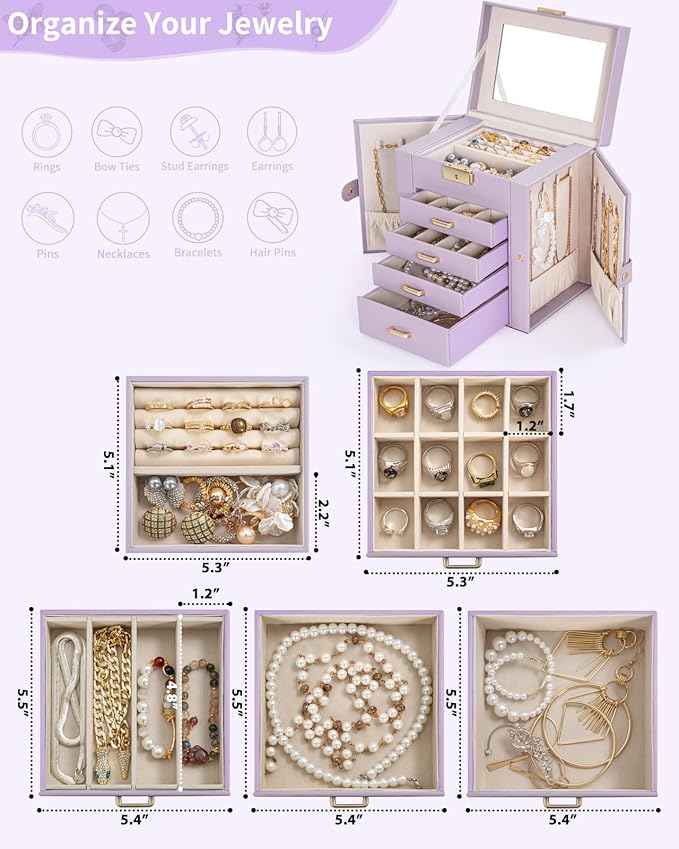AKOZLIN 5-Tier Jewelry Box Leather Jewelry Storage Organizer with 4 Drawers Lockable for Women Girls Ring Necklace Earring Bracelet Watches Holder with Mirror Purple