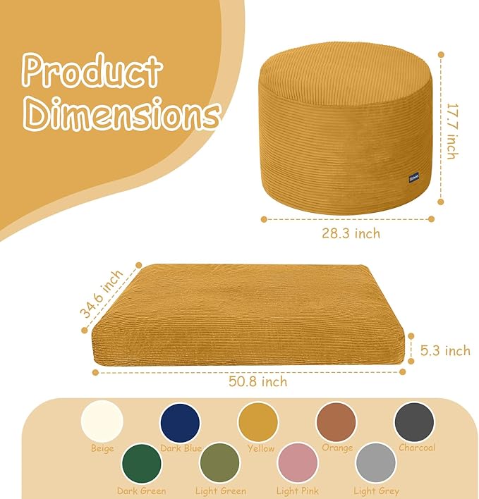 COMAX Kids Bean Bag Chair Turn into Beanbag Bed, Toddler Bean Chair Corduroy for Girl Boy Sleeping, Lazy Children Bean Bags with Filler, Convertible Child Floor Mattress, Yellow