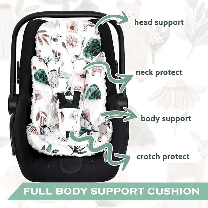 Infant Car Seat Insert and Strap Covers, Very Soft Car Seat Head Support Baby Girl Boy, Reversible Newborn Carseat Insert Cushion Fits for Stroller, Baby Swing, Bouncer (White Animals)