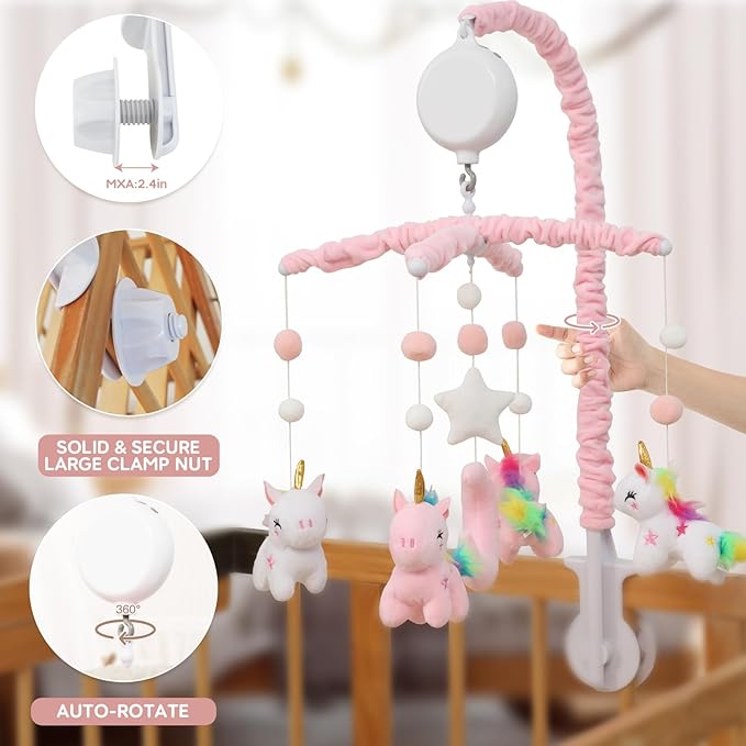 Baby Crib Mobile - Unicorn Crib Mobile for Girls with 25 Inches Mobile Arm and 35 Lullabies Musical Box, 3 Modes Digital, Volume Control, Essential Gift for Infant Bedroom Hanging Decor
