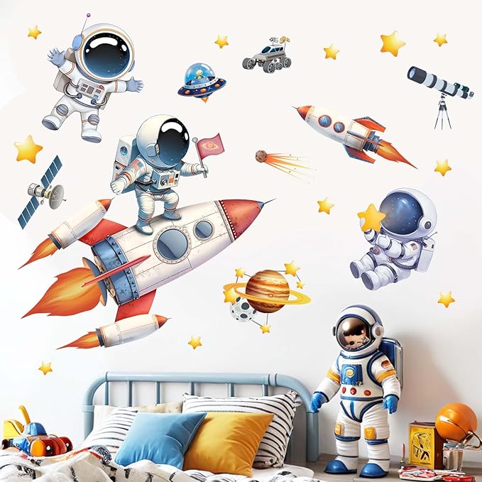 Astronaut Wall Decals - Outer Space Planets Rocket Boys Wall Stickers - Baby Nursery Kids Room Daycare Playroom Wall Decor