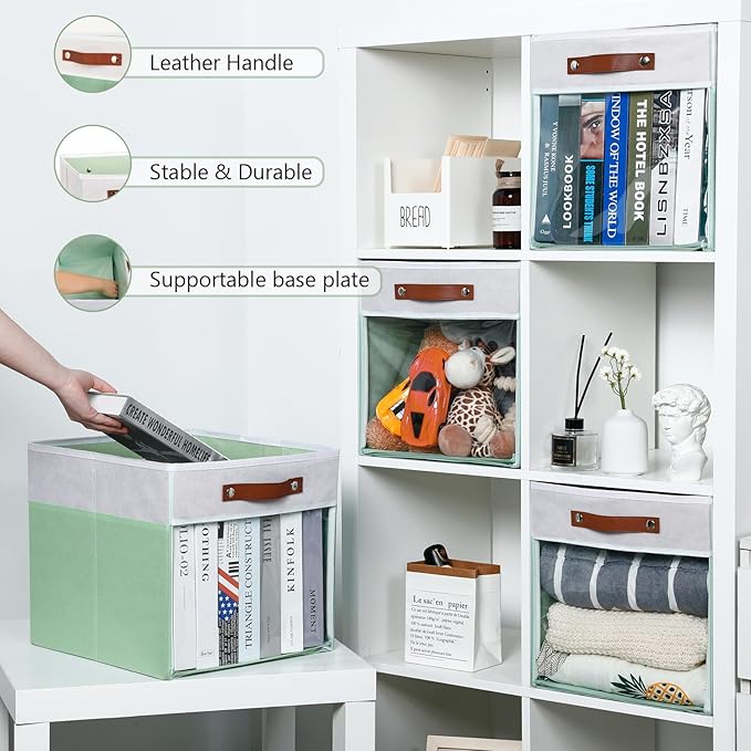 HNZIGE 13x15x13 Cube Storage Bins, 4 Pack Fabric Clear Organizer With Window, Large Collapsible Shelf Bins for Closet, Toy, Clothes - White Green