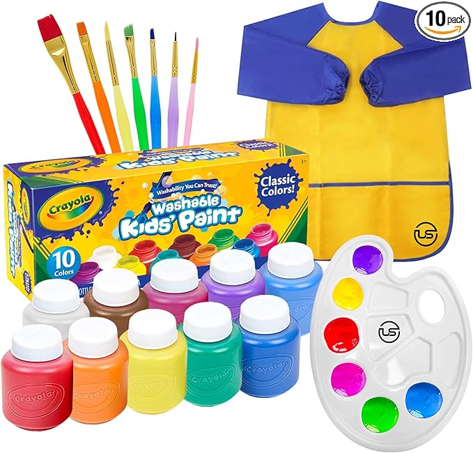 Kids Painting Set, Washable Paint for Kids 10 Colors, 7 Paintbrushes, Paint Palette, Painting Smock, Non Toxic Tempera Paints 2 oz Each,Paints for Toddlers Gifting Bundle Art, Crafts