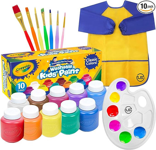 Kids Painting Set, Washable Paint for Kids 10 Colors, 7 Paintbrushes, Paint Palette, Painting Smock, Non Toxic Tempera Paints 2 oz Each,Paints for Toddlers Gifting Bundle Art, Crafts