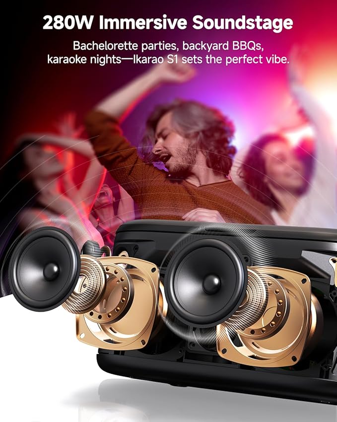 Karaoke Machine for Adults, with Lyrics Display, Karaoke System for YouTube, 280W Speaker, Autotune & EQ, Connect to TV, Portable PA System with 2 Wireless Microphones for Home Outdoor Party