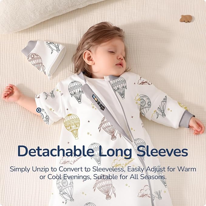 Baby Sleep Sack 3-6 Months, Cotton Detachable Long Sleeve Sleep Sack, 2.5 Tog Toddler Sleeping Sack with Temperature Strips, 2-Way Zipper Wearable Blankets for Newborns, Hot Air Balloon