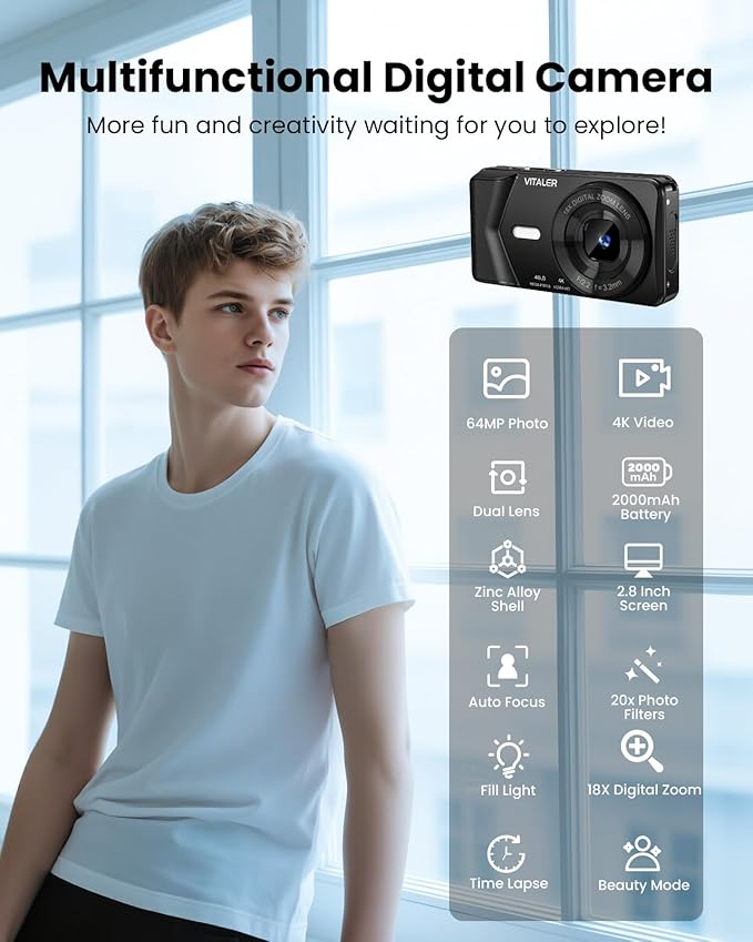 Digital Camera, Autofocus 48MP 4K Camera for Photography with 32GB Card, Portable Compact Point and Shoot Digital Camera for Teens Adult Beginner Kids with Metal Shell, 2000 mAh Battery