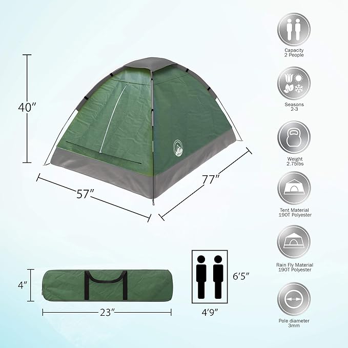 2-Person Dome Tent – Easy Set Up Shelter with Rain Fly and Carrying Bag for Camping