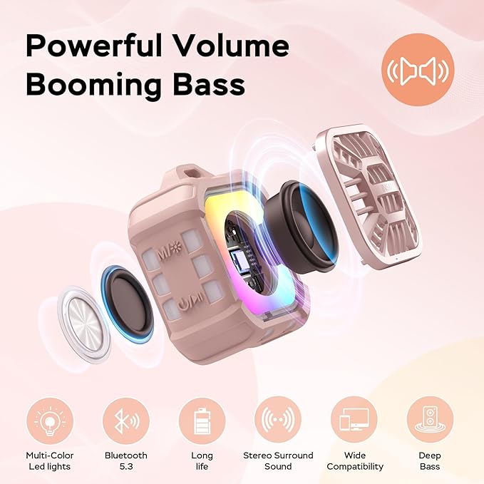 INSMY IP67 Waterproof Bluetooth Speaker, Shower Speaker Portable Small Clip-on, Multi Sync 100+ Speakers, Big Volume Booming Bass, 24H Playtime/Floatable/RGB Lights for Outdoor/Kayak/Beach(Pink)