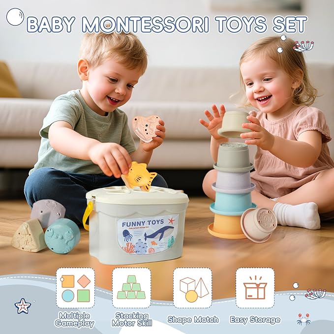 Bath Toys, 21PCS | Montessori Toys for Babies with Shapes for Sorting Play & Stacking Cups | Bath Boats & Spoon with Storage Container | Educational & Mold Free Bathtub Water Toys for Toddler Gifts