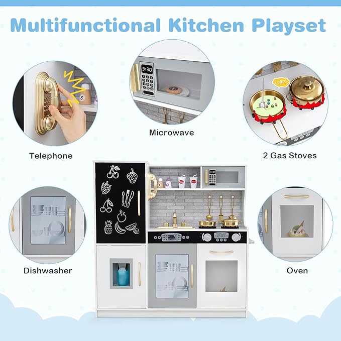 HONEY JOY Kids Kitchen Playset, Wooden Little Chef Pretend Toy Kitchen Set w/Chalkboard, Telephone, Utensils, Oven, Microwave, Sink, Storage, Play Kitchen for Toddlers Boys Girls, White Golden