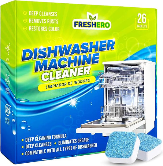 Dishwasher Cleaner and Deodorizer Tablets 26-Pack, Deep Cleaning Descaler for Dishwasher Machine, Heavy Duty, Septic Safe, Removes Grease & Build-ups, 1 Year of Cleaning Supplies (Unscented)