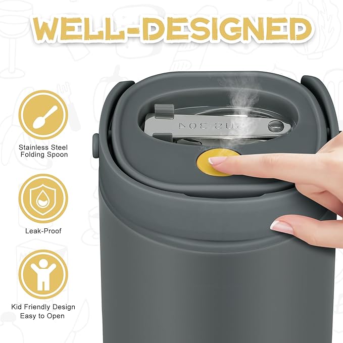 2 - in - 1 Soup Thermo for Hot Food 14oz with Snack Box Container Leak Proof Insulated Lunch Container Kids and Adults Stainless Steel Double Wall Vacuum Wide-mouth Thermal with Spoon and Handle