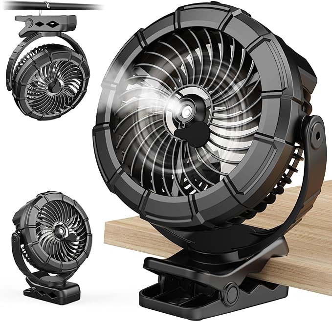 Ausic 3-in-1 Portable Clip on Fan with Misting & LED Lights & Hook, 100ML Baby Stroller Fan, 5200mAh Rechargeable Battery Operated & 360° Rotation & 3 Speeds for Table Outdoor Travel Camp Golf Cart