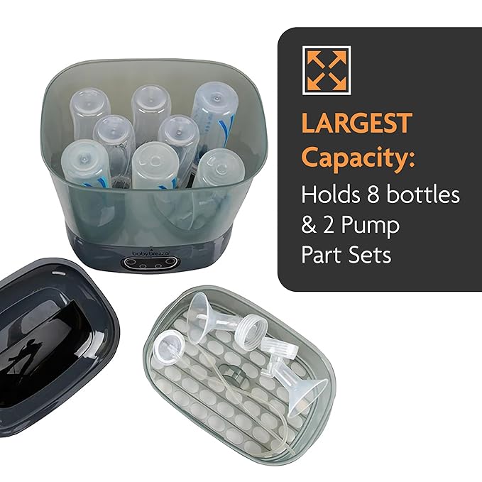 Baby Brezza Bottle Sterilizer and Dryer Advanced – 33% Faster - Largest Capacity Steam Sanitizer - Universal Sterilization Machine for All Bottles + Pump Parts - HEPA Air Filter, Charcoal