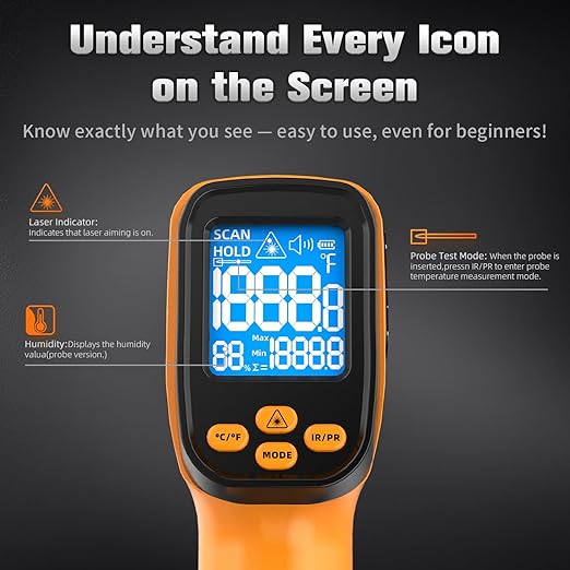 Dual-Mode Infrared Thermometer Gun，-58°F to 1472°F Laser Temp Gun, -58°F to 572°F K‑Type Probe with Humidity Display, 12:1 D:S