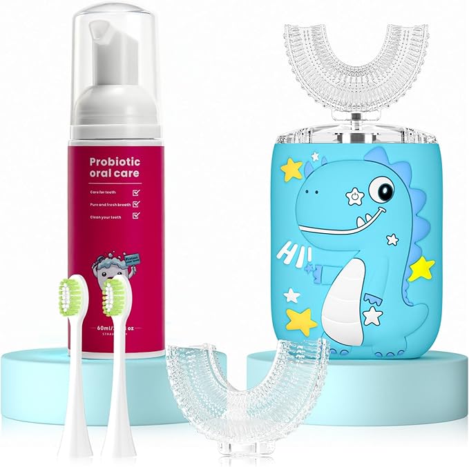 Kids Electric U Shaped Toothbrush,Kids Sonic Full Mouth Toothbrush with 4 Soft Brush Head Automatic Rechargeable 6 Cleaning Modes IPX7 Waterproof 360 Degree Cleaning - Age2-7 Blue