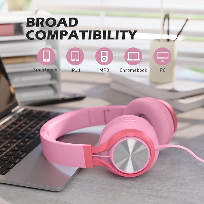 AILIHEN C8 Girls Headphones, On-Ear Headphones Wired with Microphone and Volume Control Foldable Corded Stereo 3.5mm Headset for Girls School Chromebook Laptop Computer PC Tablets Travel (Pink)